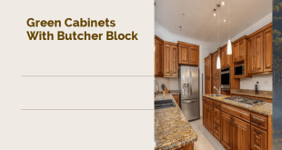 green cabinets with butcher block