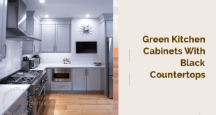 green kitchen cabinets with black countertops