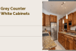 grey counter white cabinets