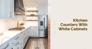 kitchen counters with white cabinets