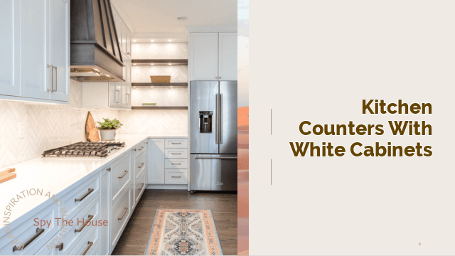 kitchen counters with white cabinets