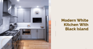 modern white kitchen with black island