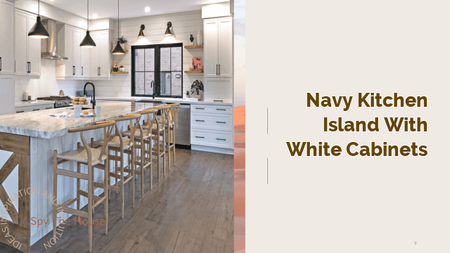 navy kitchen island with white cabinets