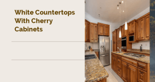 white countertops with cherry cabinets