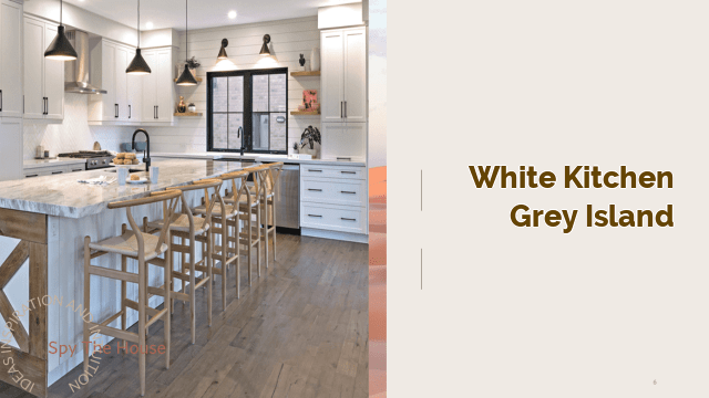 white kitchen grey island